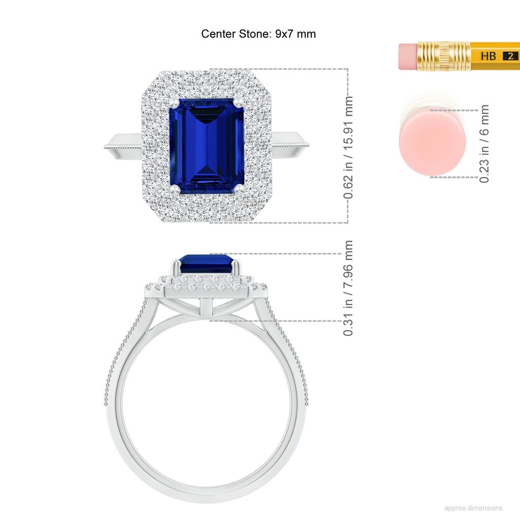 9x7mm Labgrown Lab-Grown Vintage Inspired Emerald-Cut Blue Sapphire Double Halo Engagement Ring in White Gold ruler