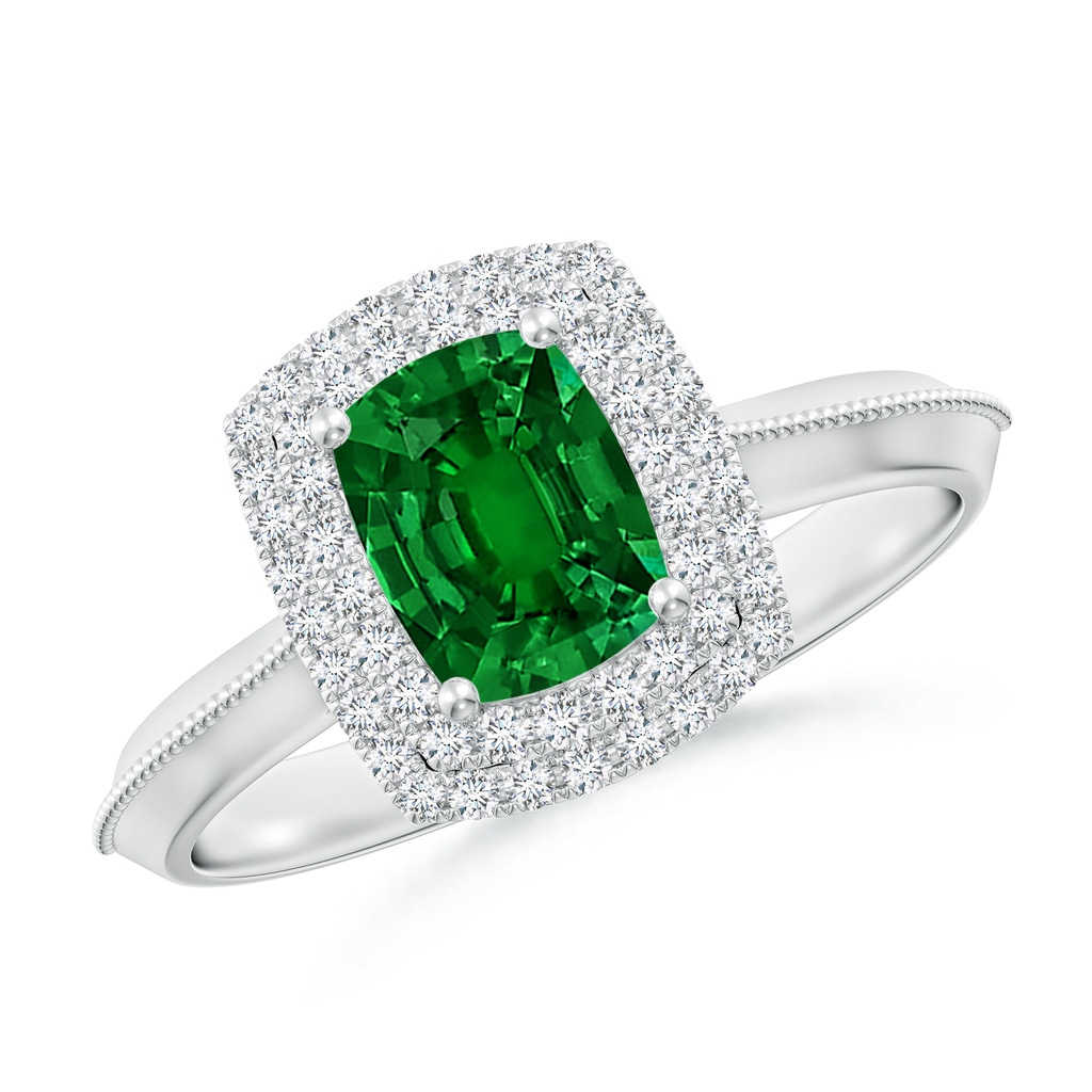 7x5mm Labgrown Lab-Grown Vintage Inspired Cushion Rectangular Emerald Double Halo Engagement Ring in White Gold