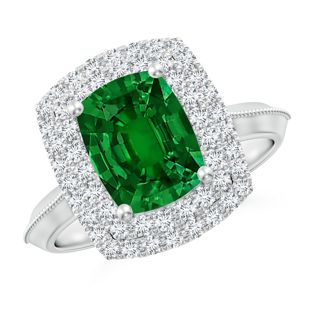 9x7mm Labgrown Lab-Grown Vintage Inspired Cushion Rectangular Emerald Double Halo Engagement Ring in White Gold