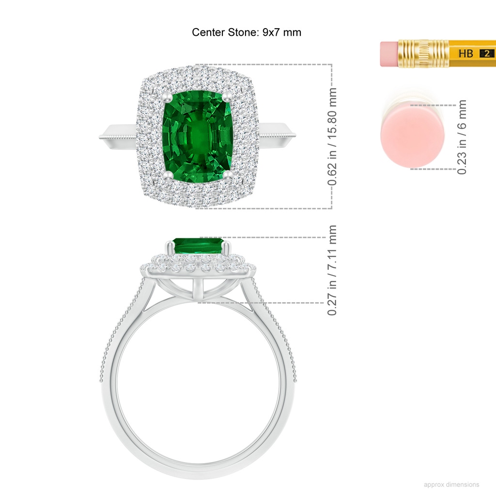 9x7mm Labgrown Lab-Grown Vintage Inspired Cushion Rectangular Emerald Double Halo Engagement Ring in White Gold ruler