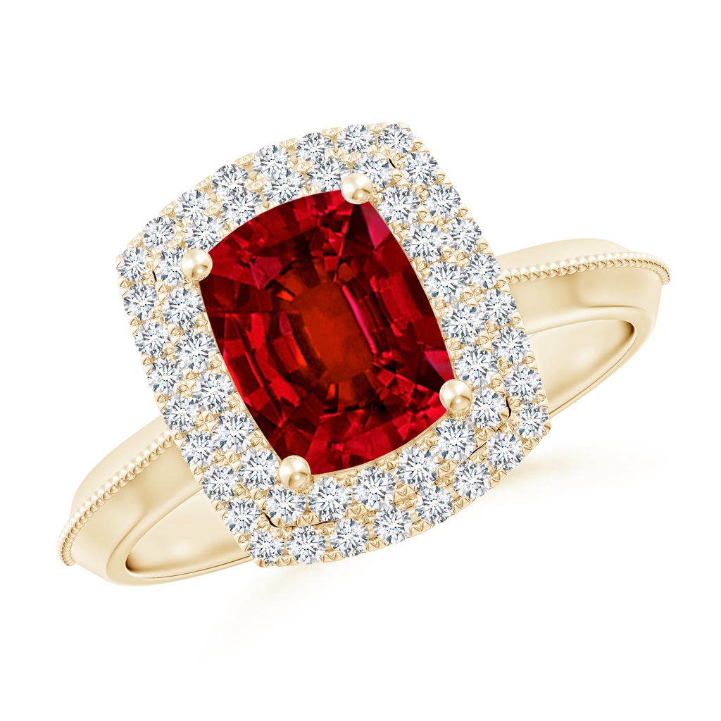 8x6mm Labgrown Lab-Grown Vintage Inspired Cushion Rectangular Ruby Double Halo Engagement Ring in Yellow Gold