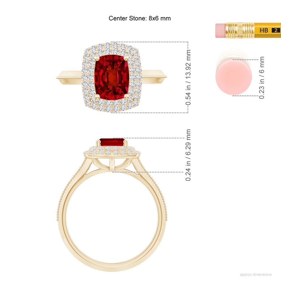 8x6mm Labgrown Lab-Grown Vintage Inspired Cushion Rectangular Ruby Double Halo Engagement Ring in Yellow Gold ruler