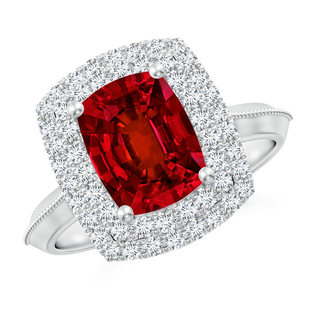 9x7mm Labgrown Lab-Grown Vintage Inspired Cushion Rectangular Ruby Double Halo Engagement Ring in White Gold