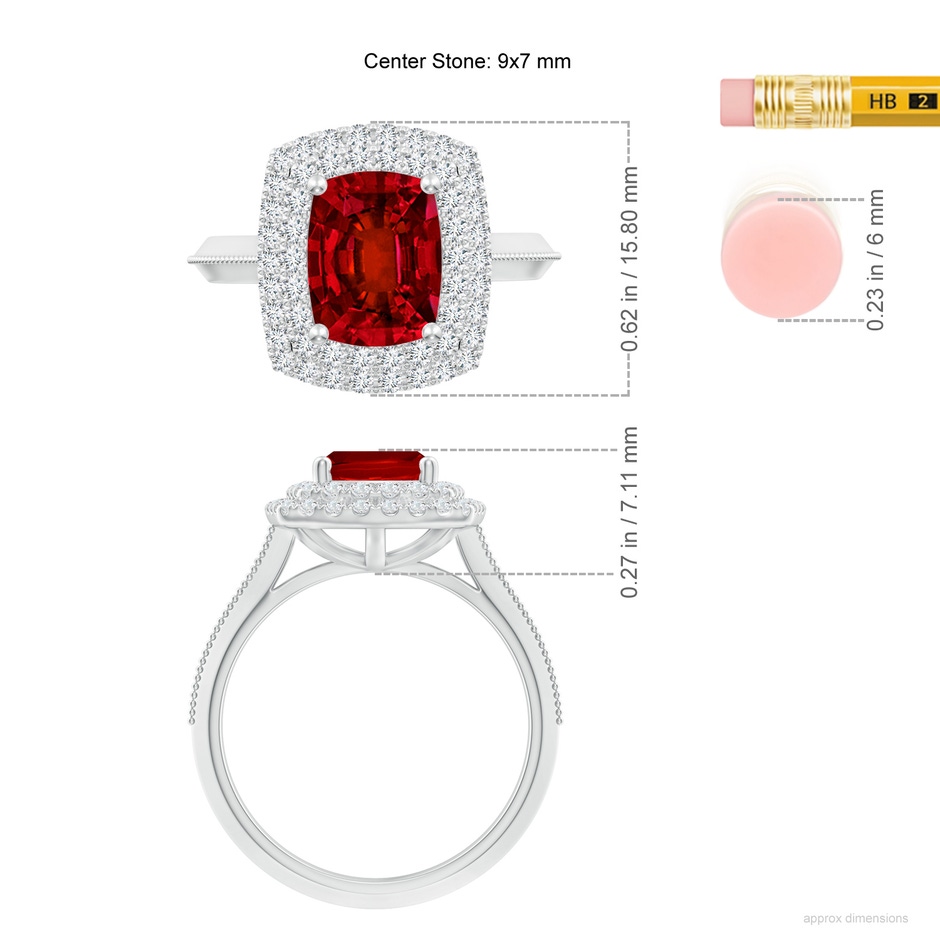 9x7mm Labgrown Lab-Grown Vintage Inspired Cushion Rectangular Ruby Double Halo Engagement Ring in White Gold ruler