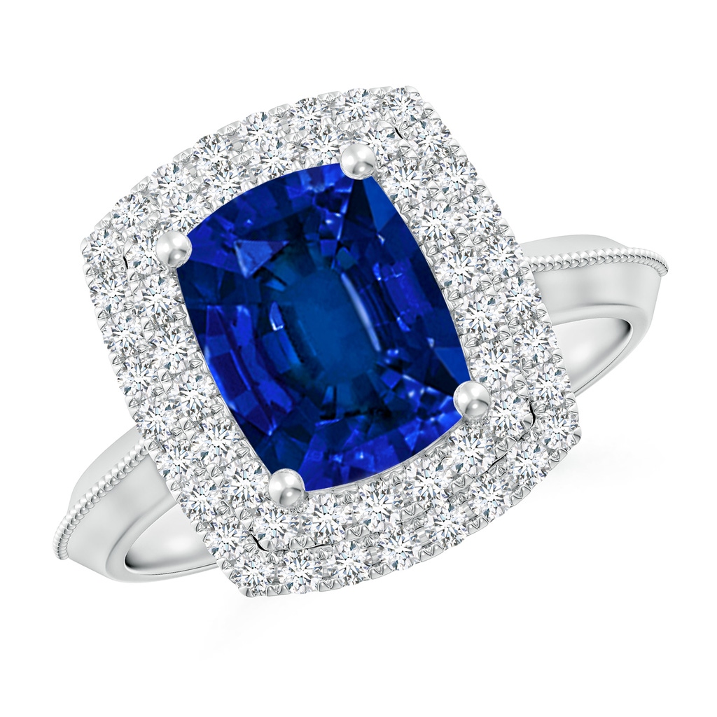 9x7mm Labgrown Lab-Grown Vintage Inspired Cushion Rectangular Blue Sapphire Double Halo Engagement Ring in White Gold