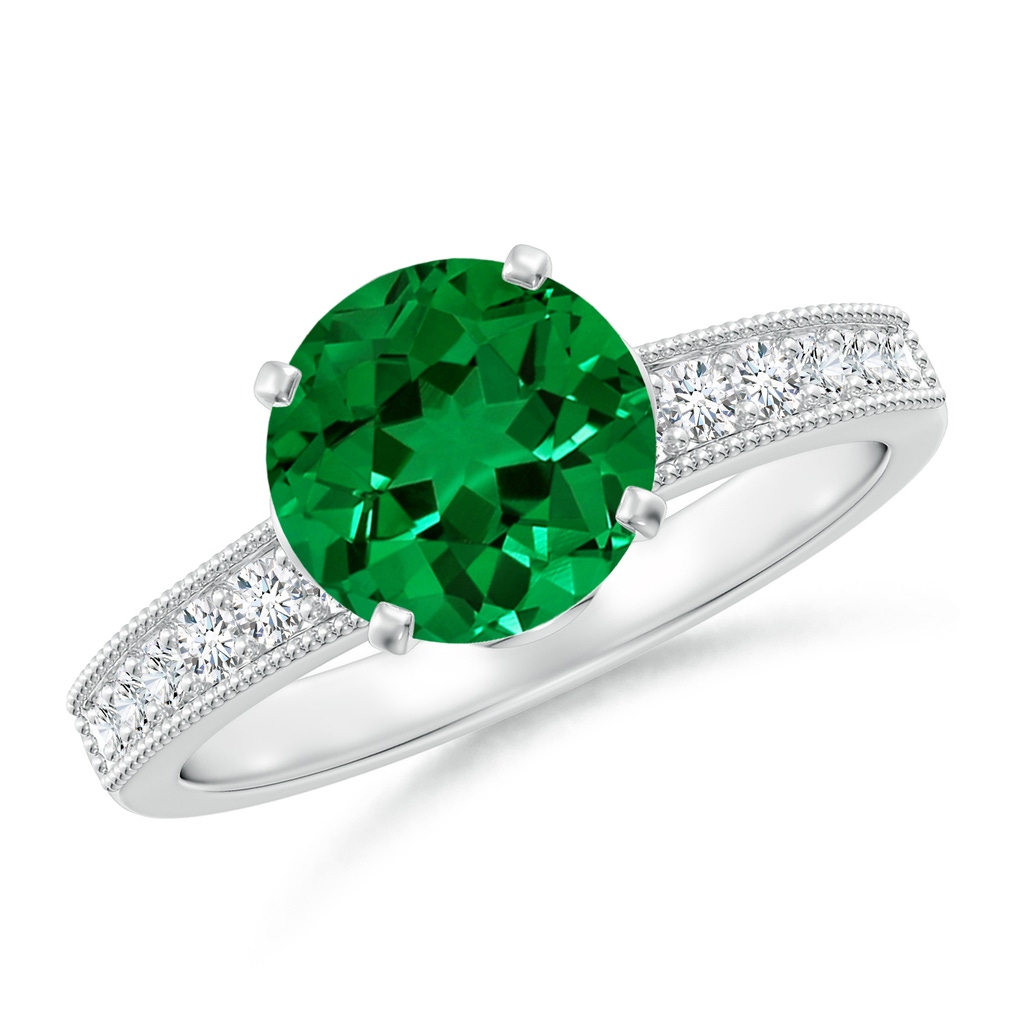 8mm Labgrown Lab-Grown Vintage Style Round Emerald Engagement Ring with Accents in White Gold