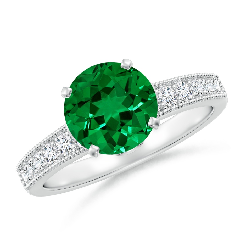 8mm Labgrown Lab-Grown Vintage Style Round Emerald Engagement Ring with Accents in White Gold 