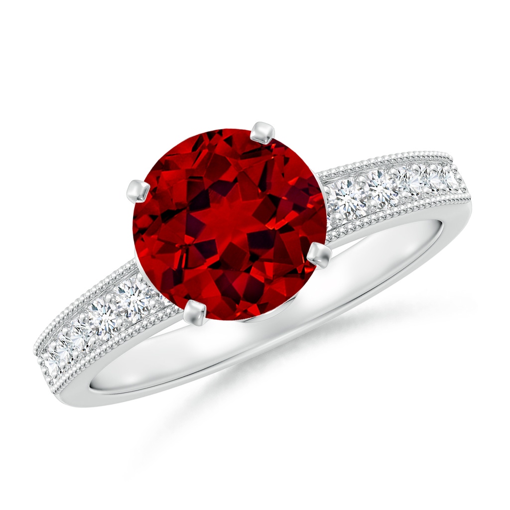 8mm Labgrown Lab-Grown Vintage Style Round Ruby Engagement Ring with Accents in White Gold