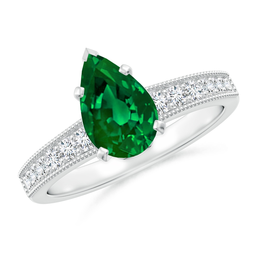 9x7mm Labgrown Lab-Grown Vintage Style Pear-Shaped Emerald Engagement Ring with Accents in White Gold