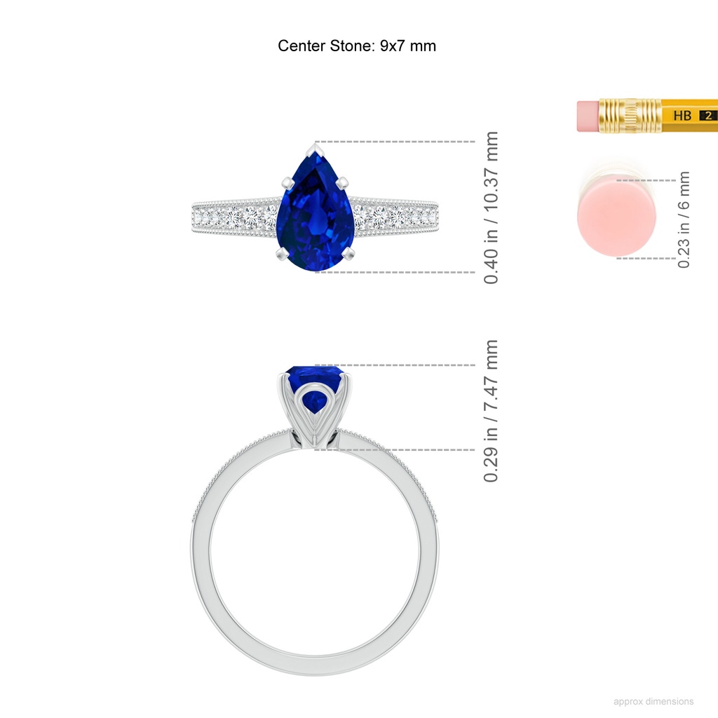 9x7mm Labgrown Lab-Grown Vintage Style Pear-Shaped Blue Sapphire Engagement Ring with Accents in White Gold ruler