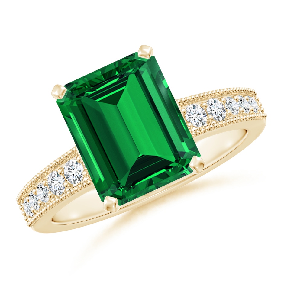 10x8mm Labgrown Lab-Grown Vintage Style Emerald-Cut Emerald Engagement Ring with Accents in 18K Yellow Gold 