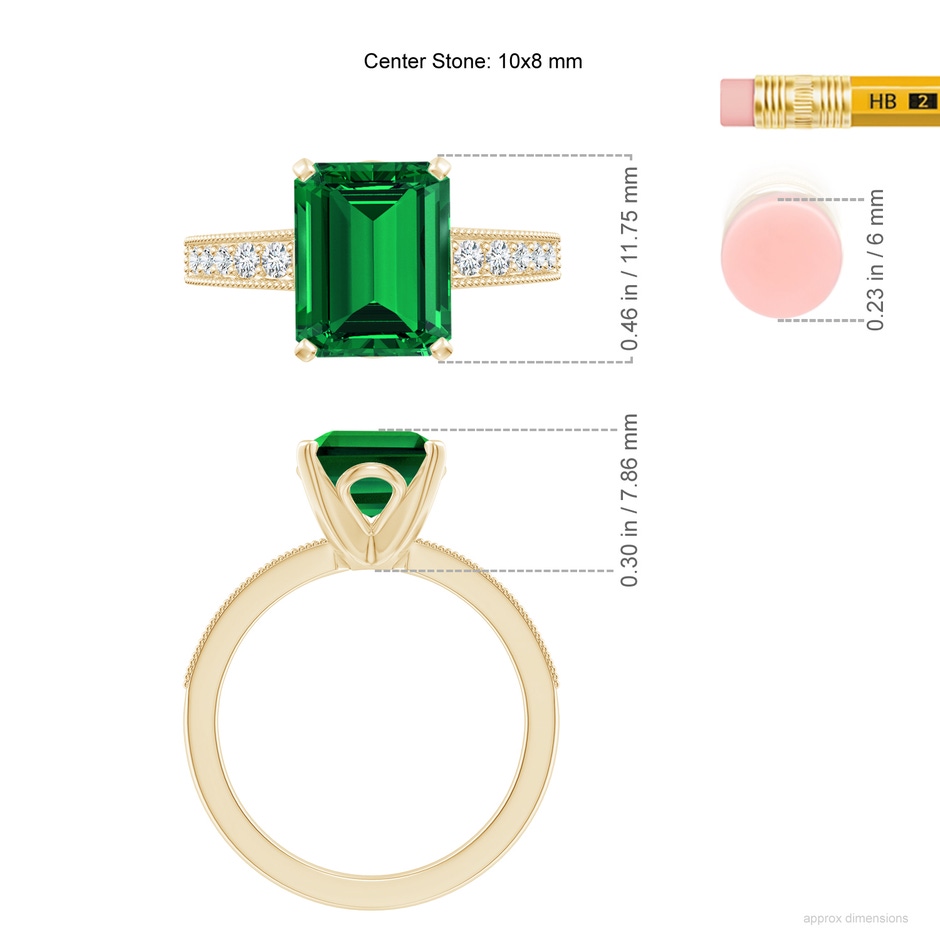 10x8mm Labgrown Lab-Grown Vintage Style Emerald-Cut Emerald Engagement Ring with Accents in 18K Yellow Gold ruler