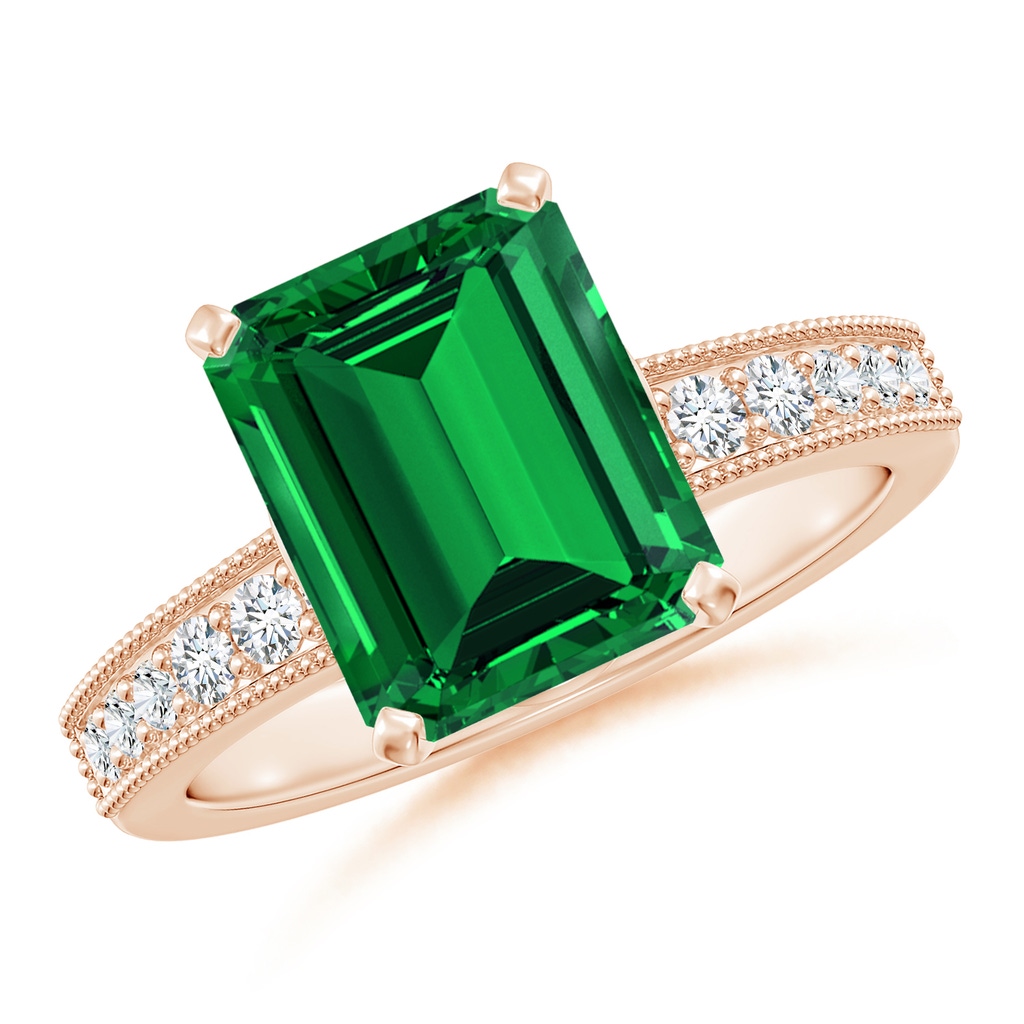 10x8mm Labgrown Lab-Grown Vintage Style Emerald-Cut Emerald Engagement Ring with Accents in Rose Gold