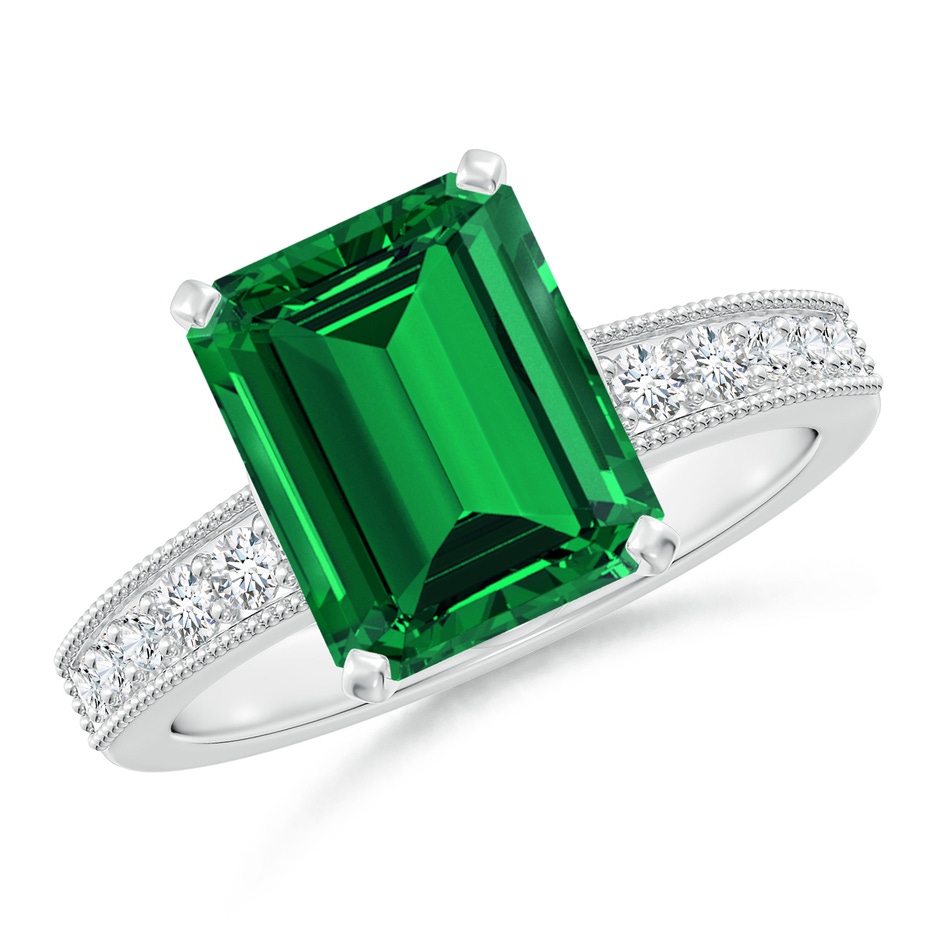 10x8mm Labgrown Lab-Grown Vintage Style Emerald-Cut Emerald Engagement Ring with Accents in White Gold 