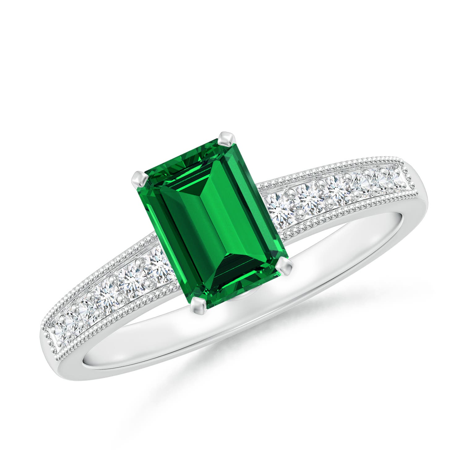7x5mm Labgrown Lab-Grown Vintage Style Emerald-Cut Emerald Engagement Ring with Accents in 18CT White Gold