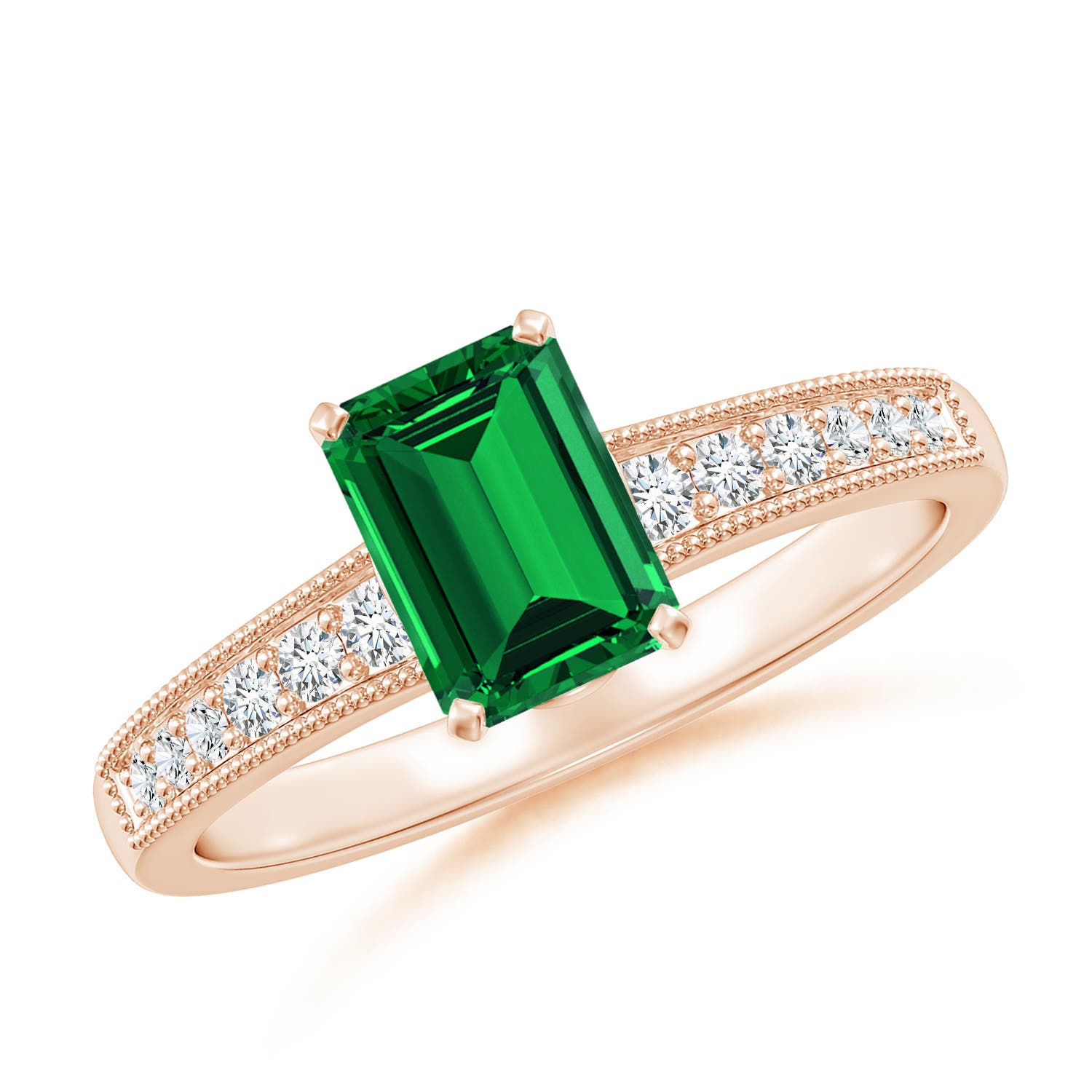 7x5mm Labgrown Lab-Grown Vintage Style Emerald-Cut Emerald Engagement Ring with Accents in Rose Gold