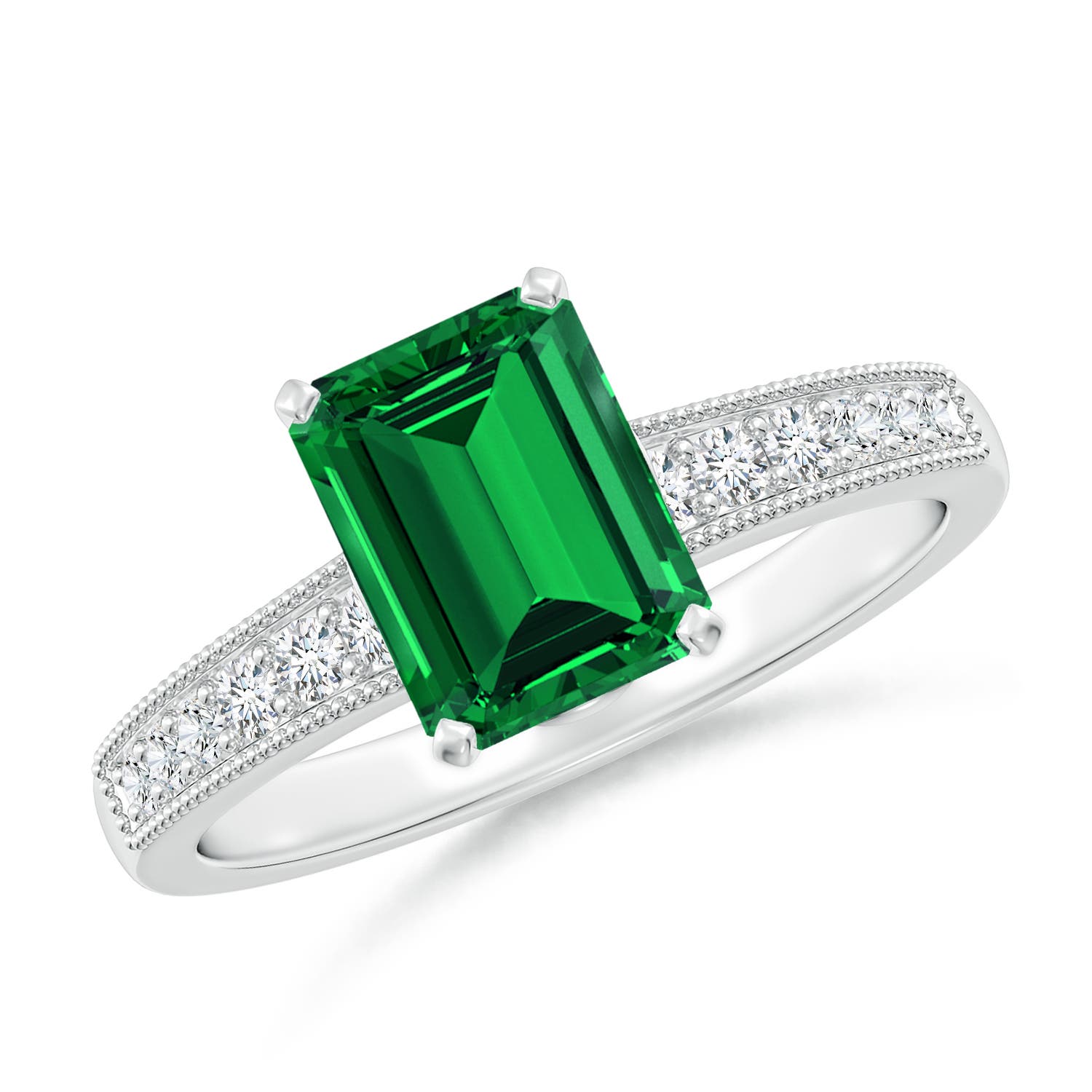 8x6mm Labgrown Lab-Grown Vintage Style Emerald-Cut Emerald Engagement Ring with Accents in 18K White Gold