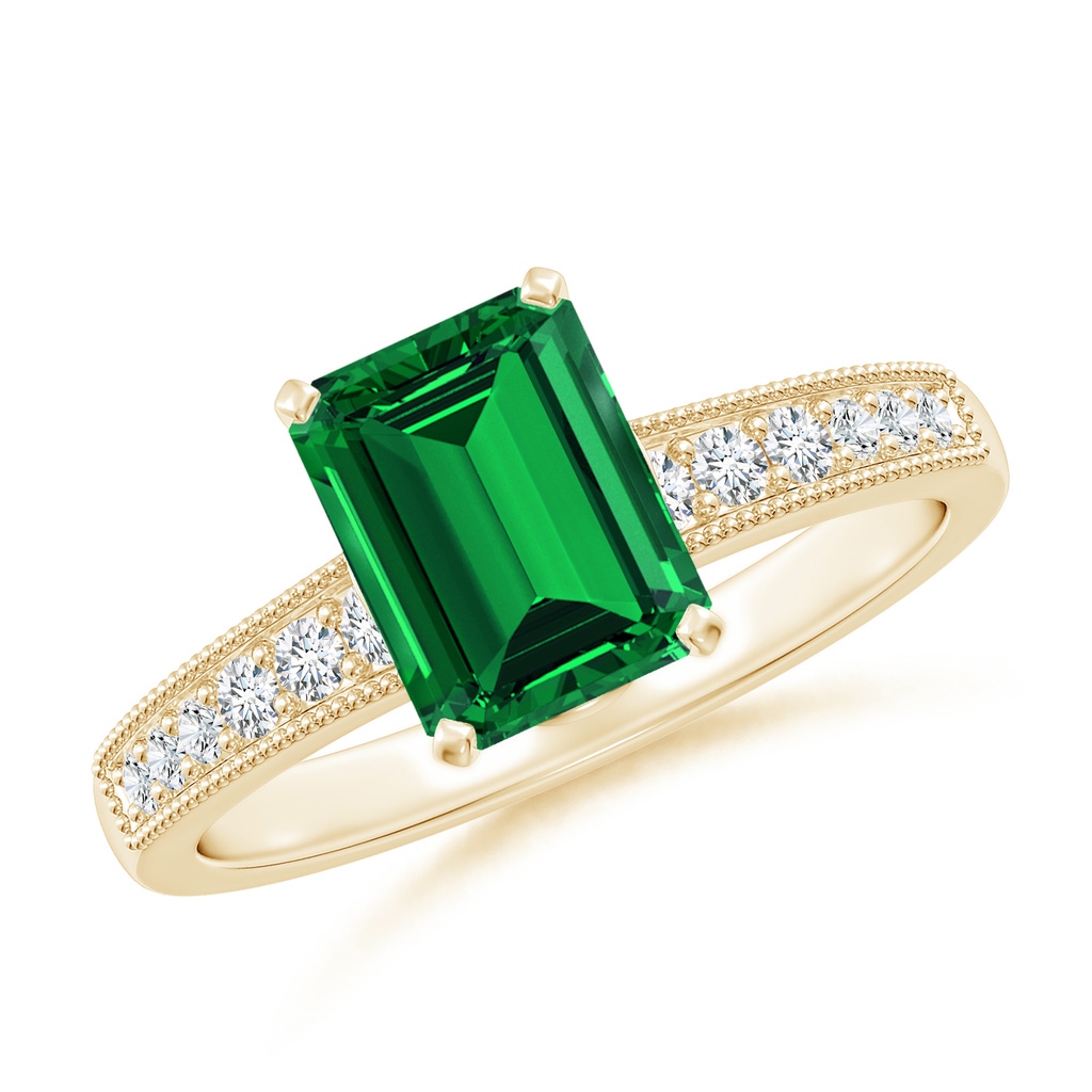 8x6mm Labgrown Lab-Grown Vintage Style Emerald-Cut Emerald Engagement Ring with Accents in 18K Yellow Gold