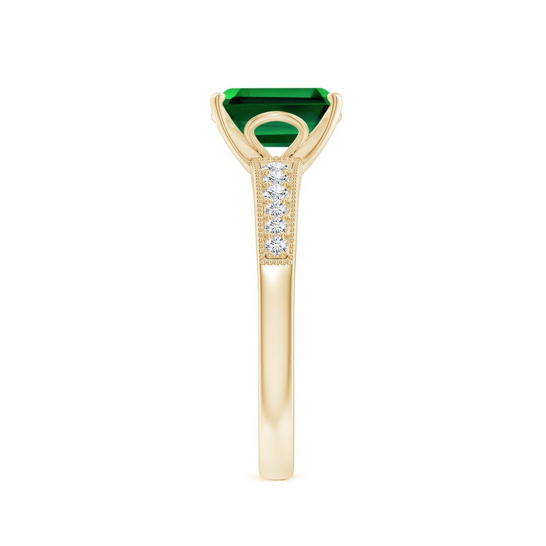 8x6mm Labgrown Lab-Grown Vintage Style Emerald-Cut Emerald Engagement Ring with Accents in 18K Yellow Gold - side 3