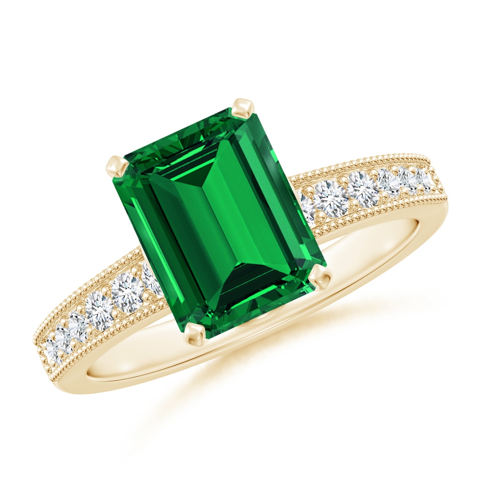 9x7mm Labgrown Lab-Grown Vintage Style Emerald-Cut Emerald Engagement Ring with Accents in 18K Yellow Gold 