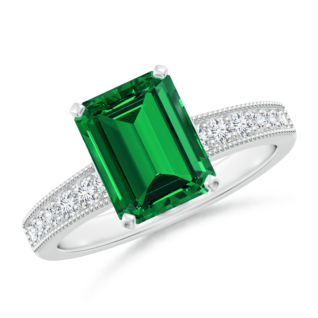 9x7mm Labgrown Lab-Grown Vintage Style Emerald-Cut Emerald Engagement Ring with Accents in White Gold 