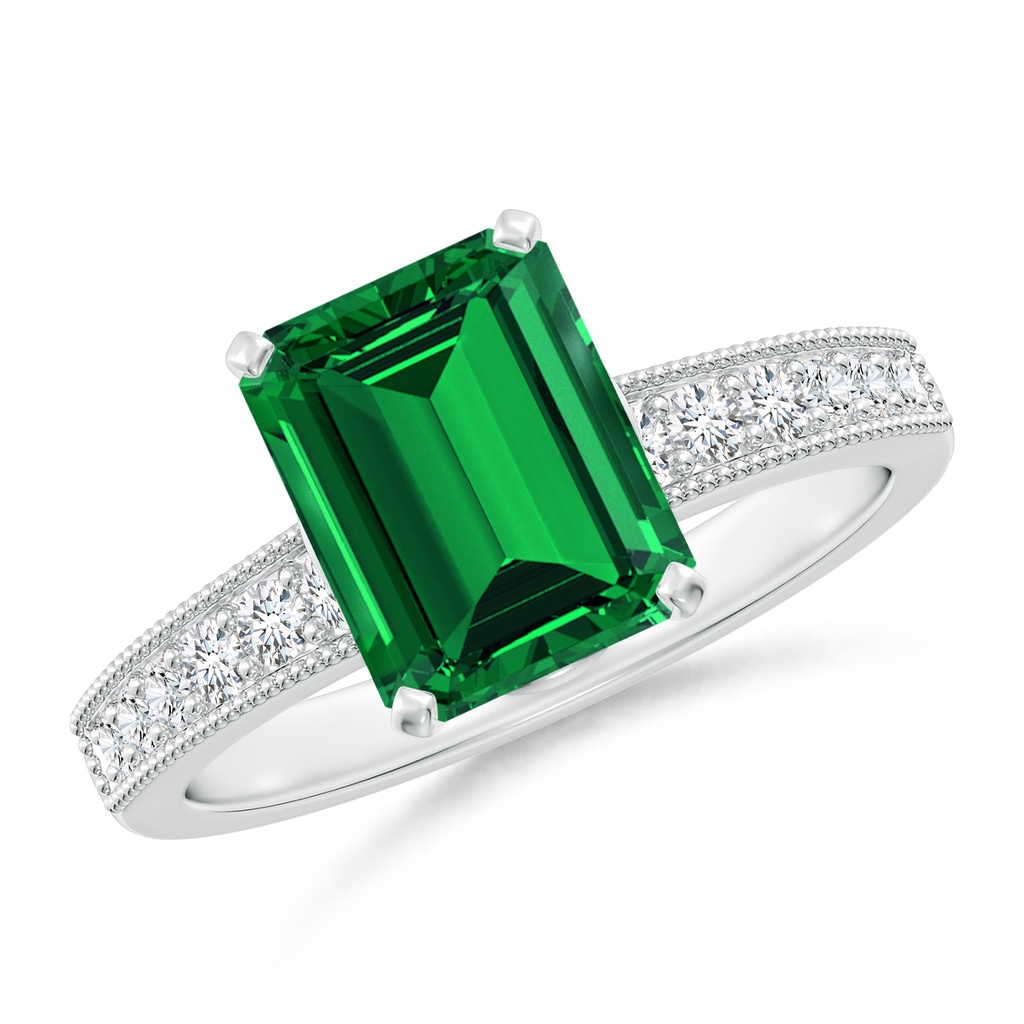 9x7mm Labgrown Lab-Grown Vintage Style Emerald-Cut Emerald Engagement Ring with Accents in White Gold