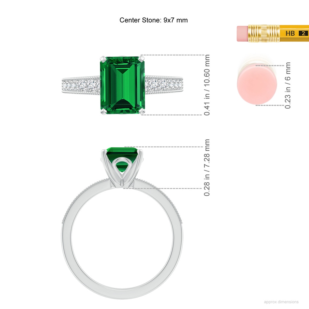 9x7mm Labgrown Lab-Grown Vintage Style Emerald-Cut Emerald Engagement Ring with Accents in White Gold ruler