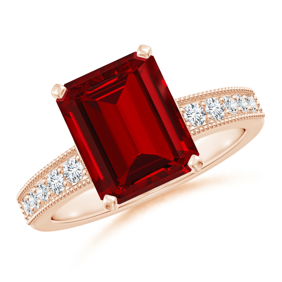 10x8mm Labgrown Lab-Grown Vintage Style Emerald-Cut Ruby Engagement Ring with Accents in 18K Rose Gold 