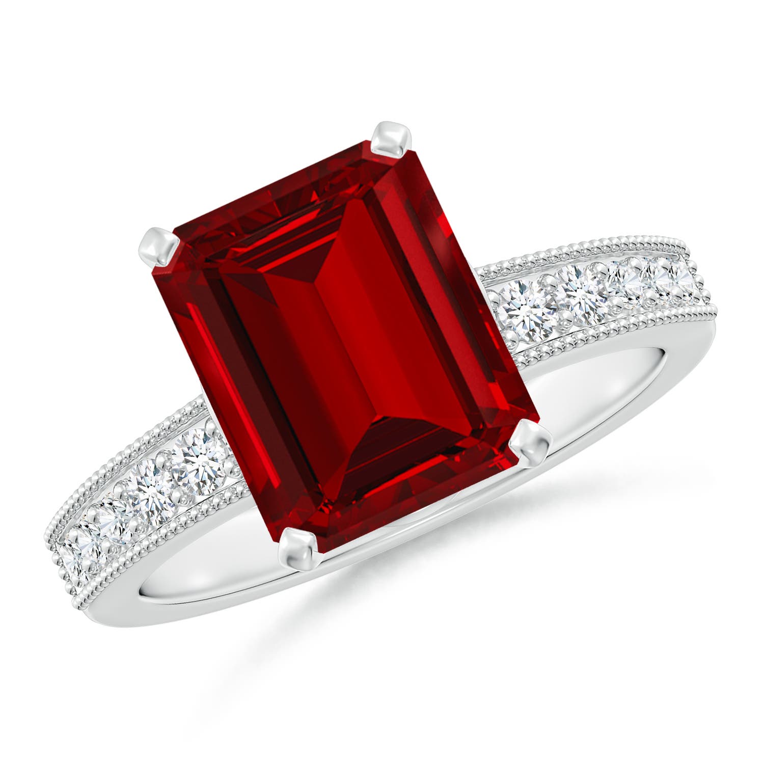 10x8mm Labgrown Lab-Grown Vintage Style Emerald-Cut Ruby Engagement Ring with Accents in 18K White Gold