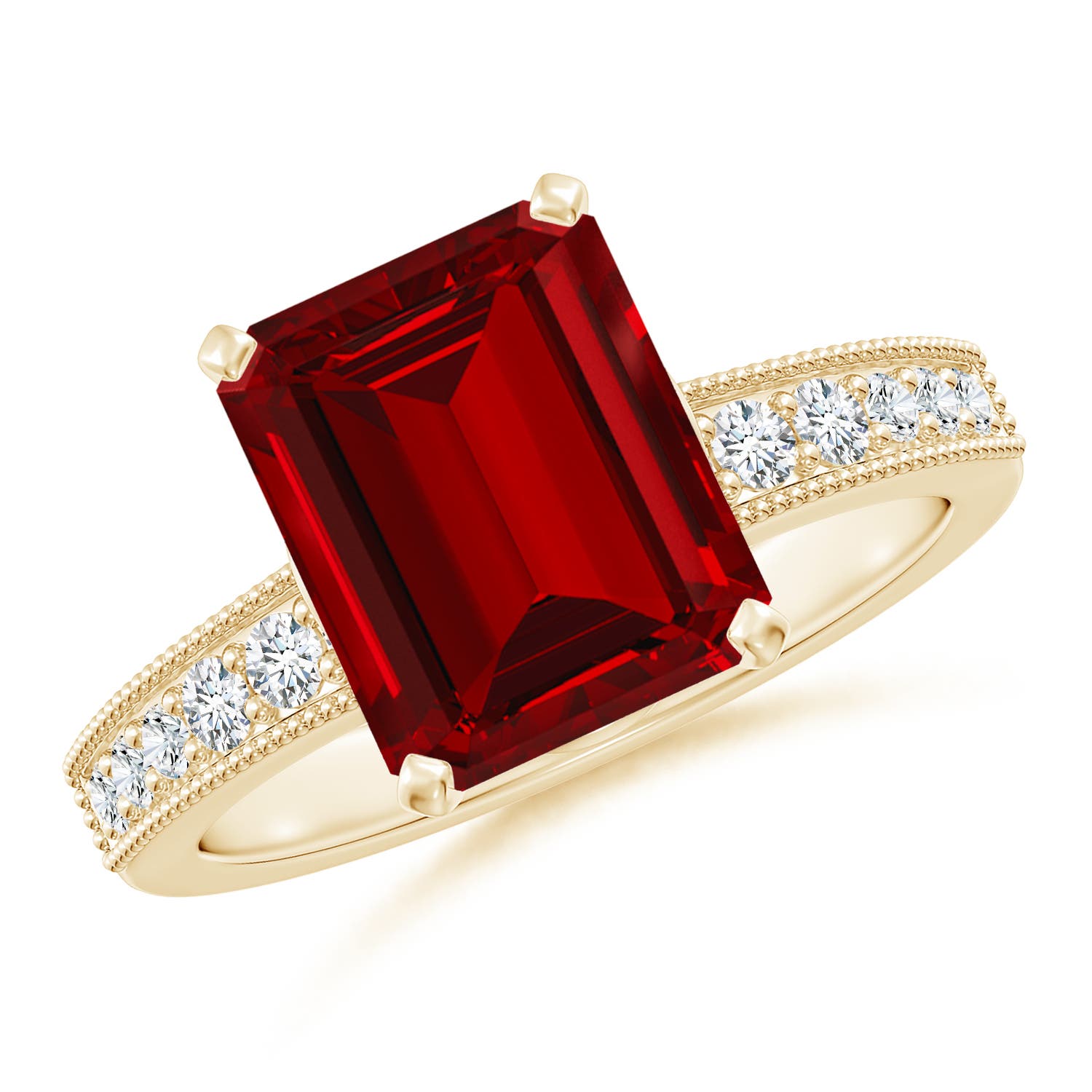 10x8mm Labgrown Lab-Grown Vintage Style Emerald-Cut Ruby Engagement Ring with Accents in 18K Yellow Gold