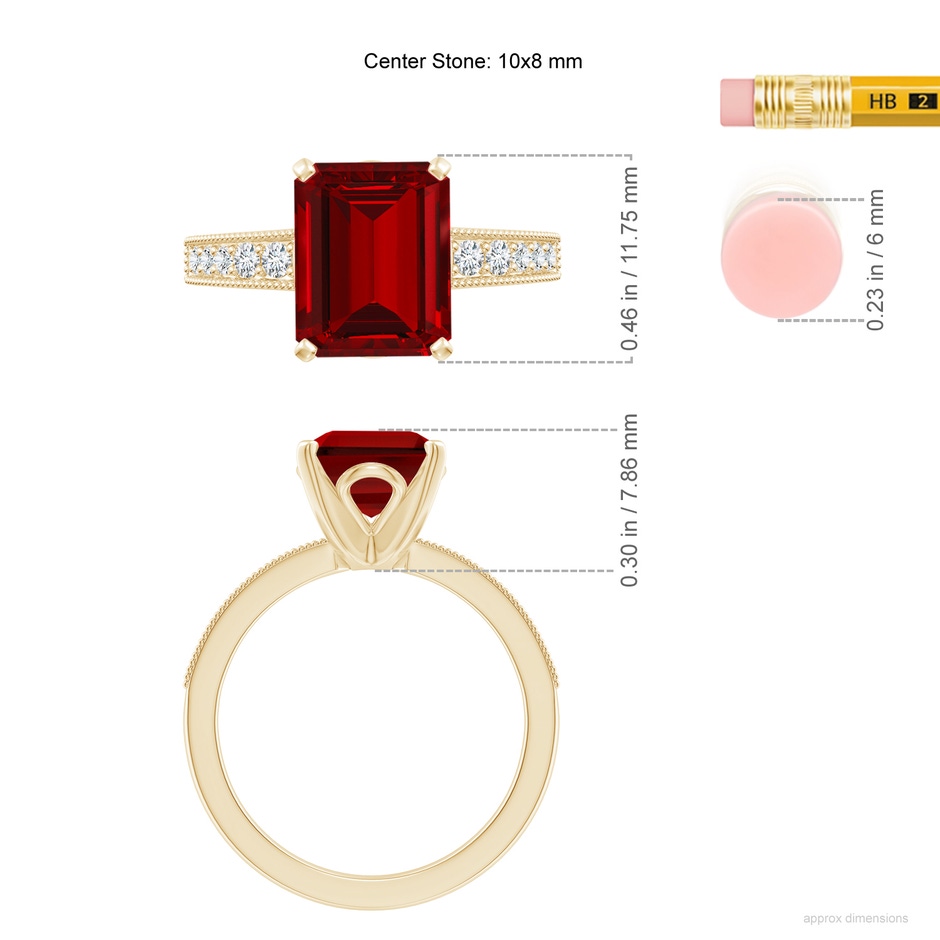 10x8mm Labgrown Lab-Grown Vintage Style Emerald-Cut Ruby Engagement Ring with Accents in 18K Yellow Gold ruler