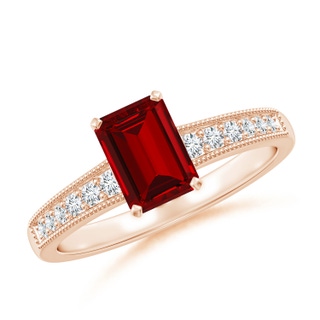 7x5mm Labgrown Lab-Grown Vintage Style Emerald-Cut Ruby Engagement Ring with Accents in Rose Gold