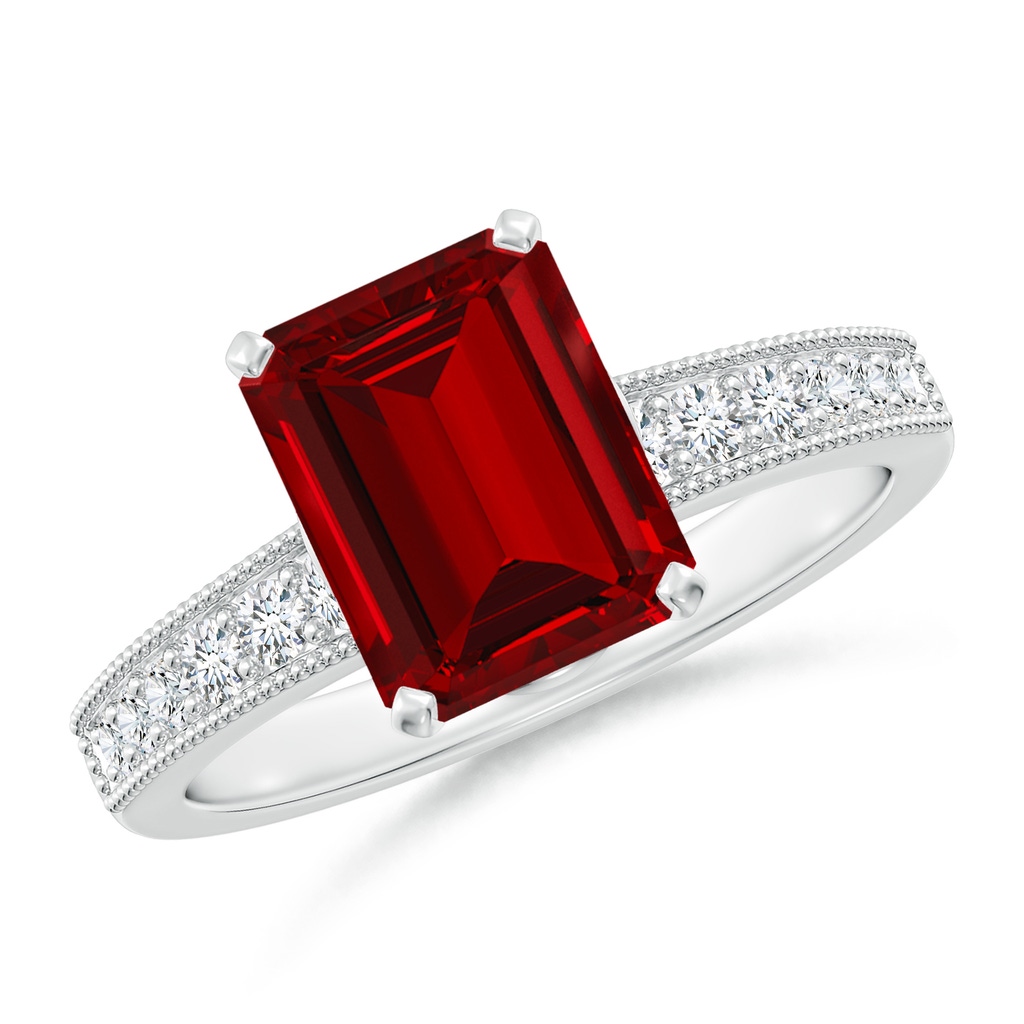 9x7mm Labgrown Lab-Grown Vintage Style Emerald-Cut Ruby Engagement Ring with Accents in White Gold