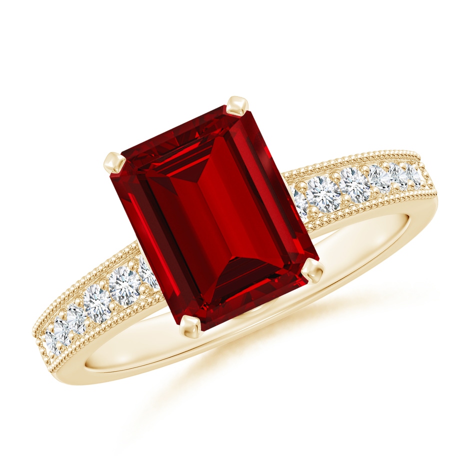 9x7mm Labgrown Lab-Grown Vintage Style Emerald-Cut Ruby Engagement Ring with Accents in Yellow Gold 
