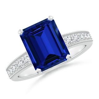 10x8mm Labgrown Lab-Grown Vintage Style Emerald-Cut Blue Sapphire Engagement Ring with Accents in White Gold