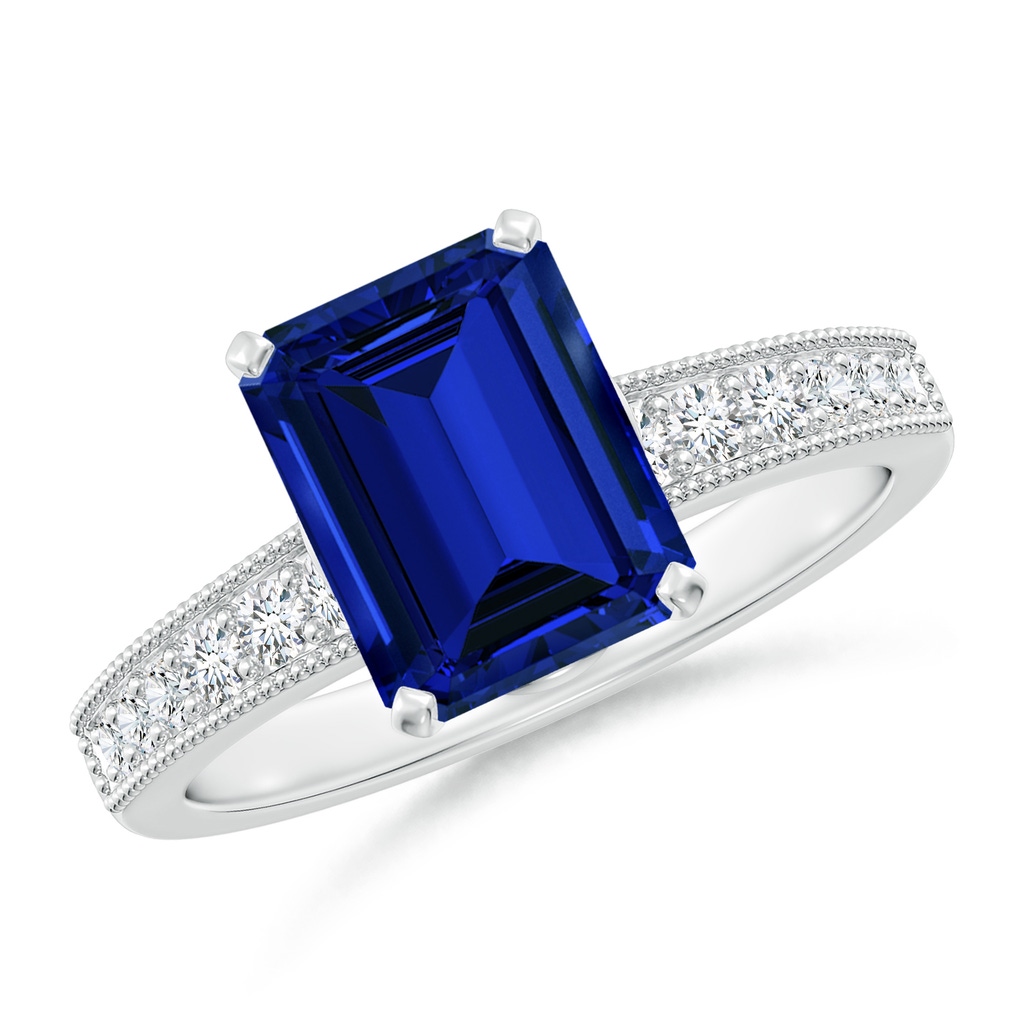 9x7mm Labgrown Lab-Grown Vintage Style Emerald-Cut Blue Sapphire Engagement Ring with Accents in White Gold 