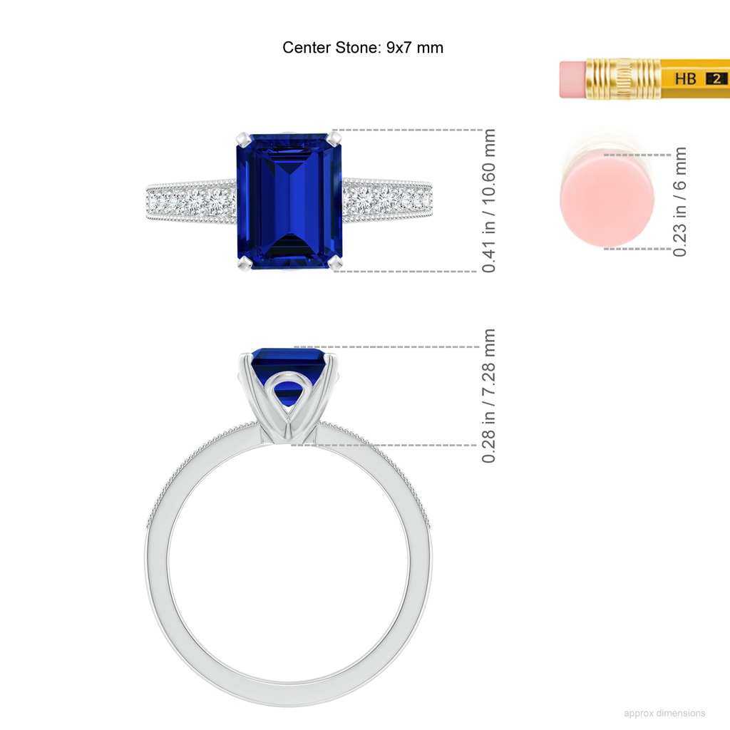 9x7mm Labgrown Lab-Grown Vintage Style Emerald-Cut Blue Sapphire Engagement Ring with Accents in White Gold ruler