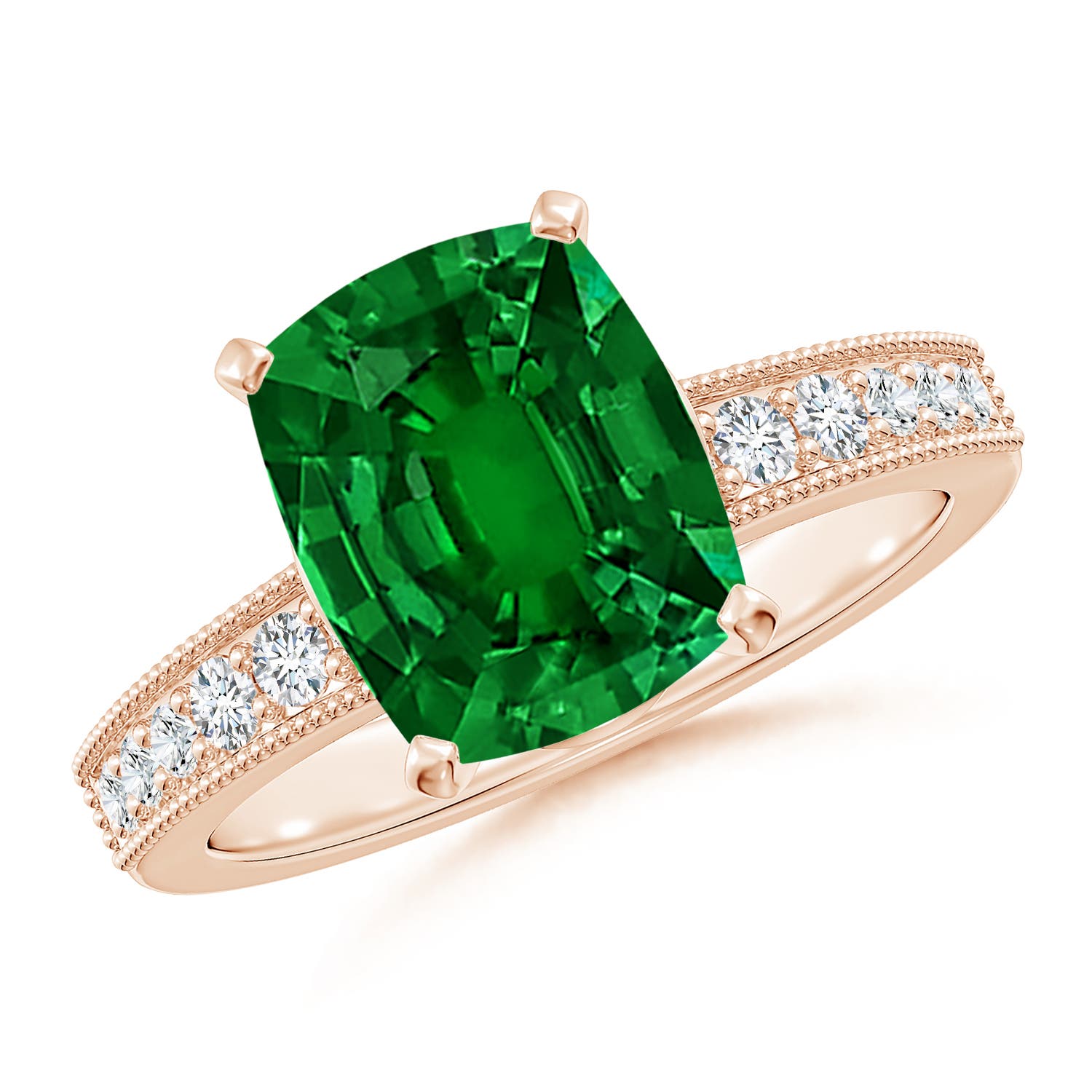 10x8mm Labgrown Lab-Grown Vintage Style Cushion Rectangular Emerald Engagement Ring with Accents in 18K Rose Gold