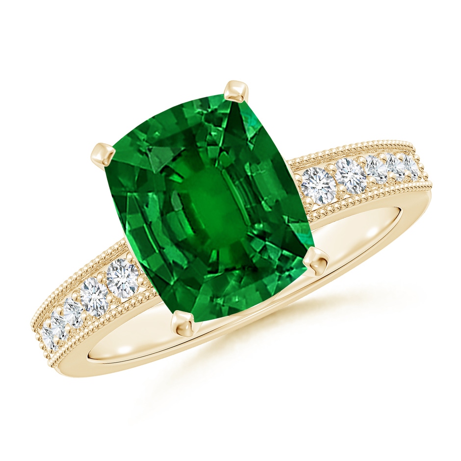 10x8mm Labgrown Lab-Grown Vintage Style Cushion Rectangular Emerald Engagement Ring with Accents in Yellow Gold 