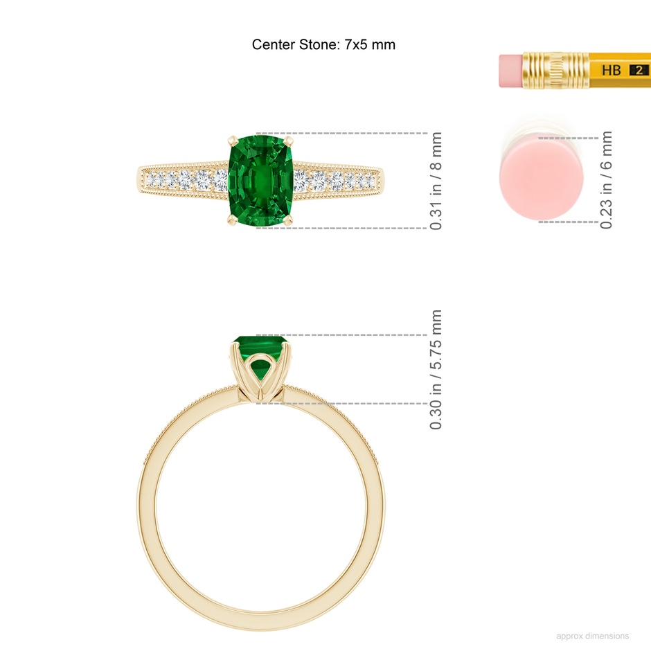 7x5mm Labgrown Lab-Grown Vintage Style Cushion Rectangular Emerald Engagement Ring with Accents in Yellow Gold ruler