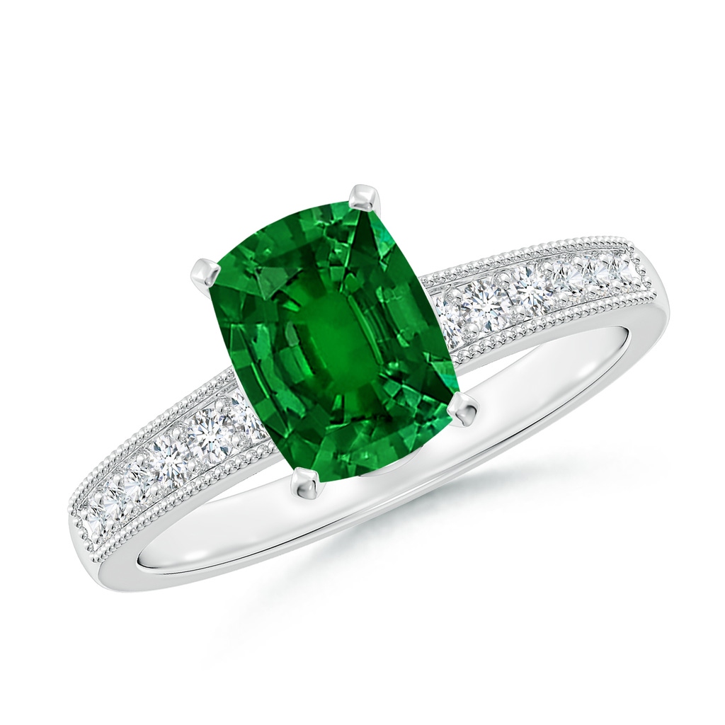 8x6mm Labgrown Lab-Grown Vintage Style Cushion Rectangular Emerald Engagement Ring with Accents in 18K White Gold