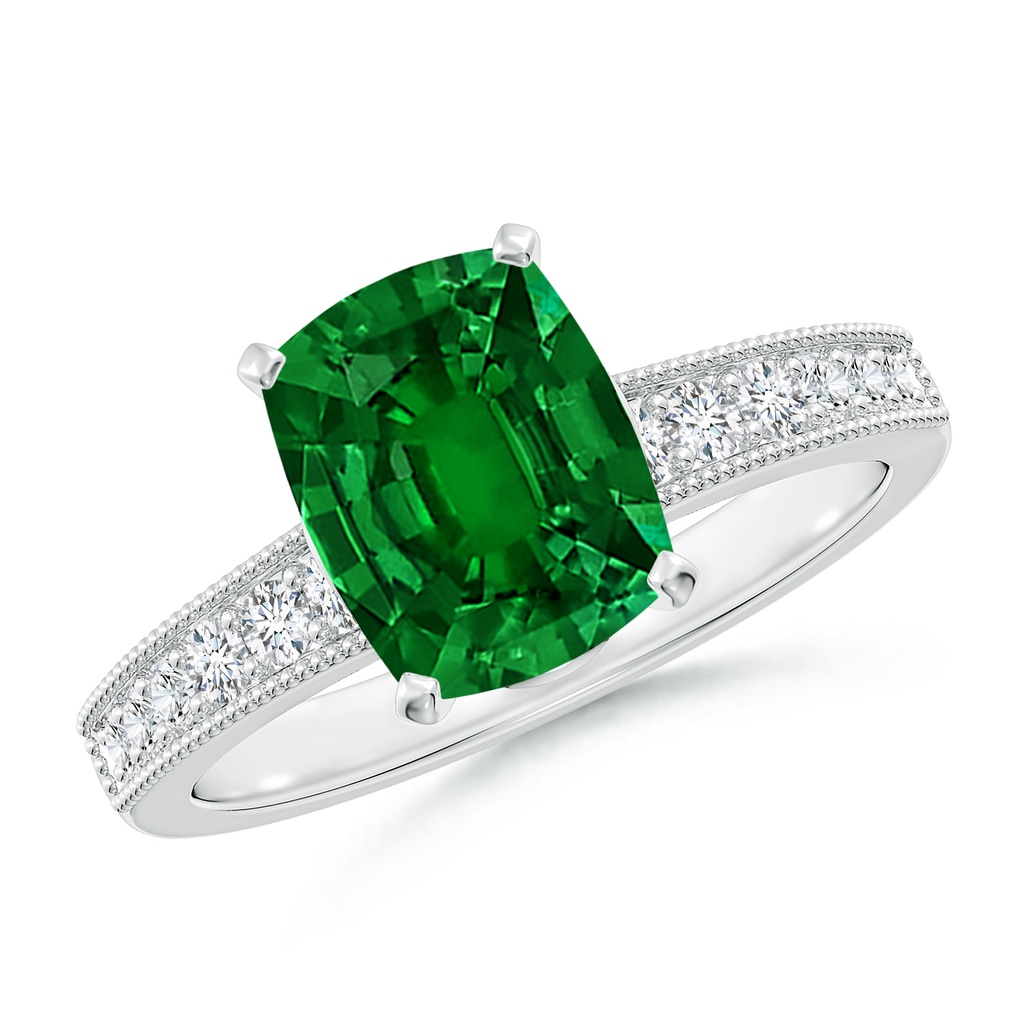 9x7mm Labgrown Lab-Grown Vintage Style Cushion Rectangular Emerald Engagement Ring with Accents in White Gold