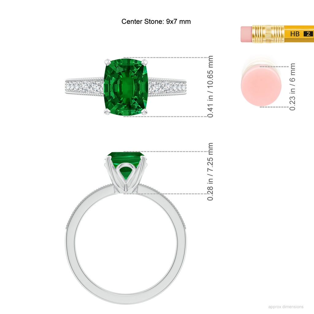 9x7mm Labgrown Lab-Grown Vintage Style Cushion Rectangular Emerald Engagement Ring with Accents in White Gold ruler