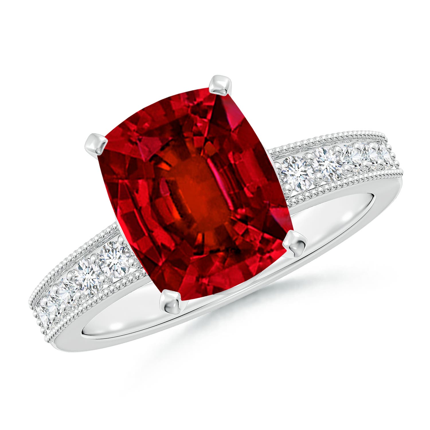 10x8mm Labgrown Lab-Grown Vintage Style Cushion Rectangular Ruby Engagement Ring with Accents in 18K White Gold
