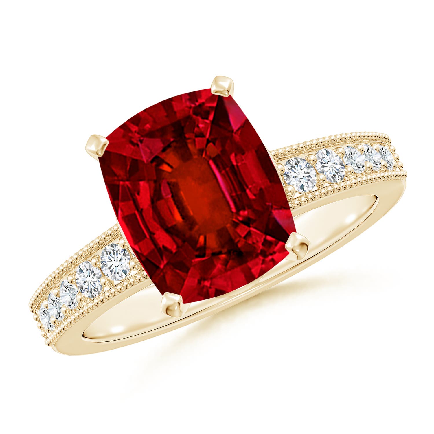 10x8mm Labgrown Lab-Grown Vintage Style Cushion Rectangular Ruby Engagement Ring with Accents in 18CT Yellow Gold