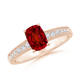 7x5mm Labgrown Lab-Grown Vintage Style Cushion Rectangular Ruby Engagement Ring with Accents in Rose Gold