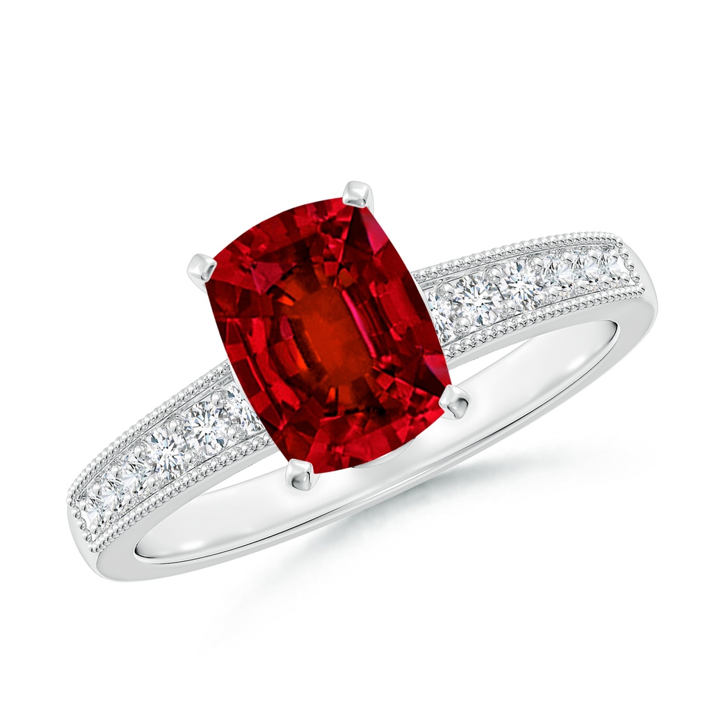 8x6mm Labgrown Lab-Grown Vintage Style Cushion Rectangular Ruby Engagement Ring with Accents in 18K White Gold