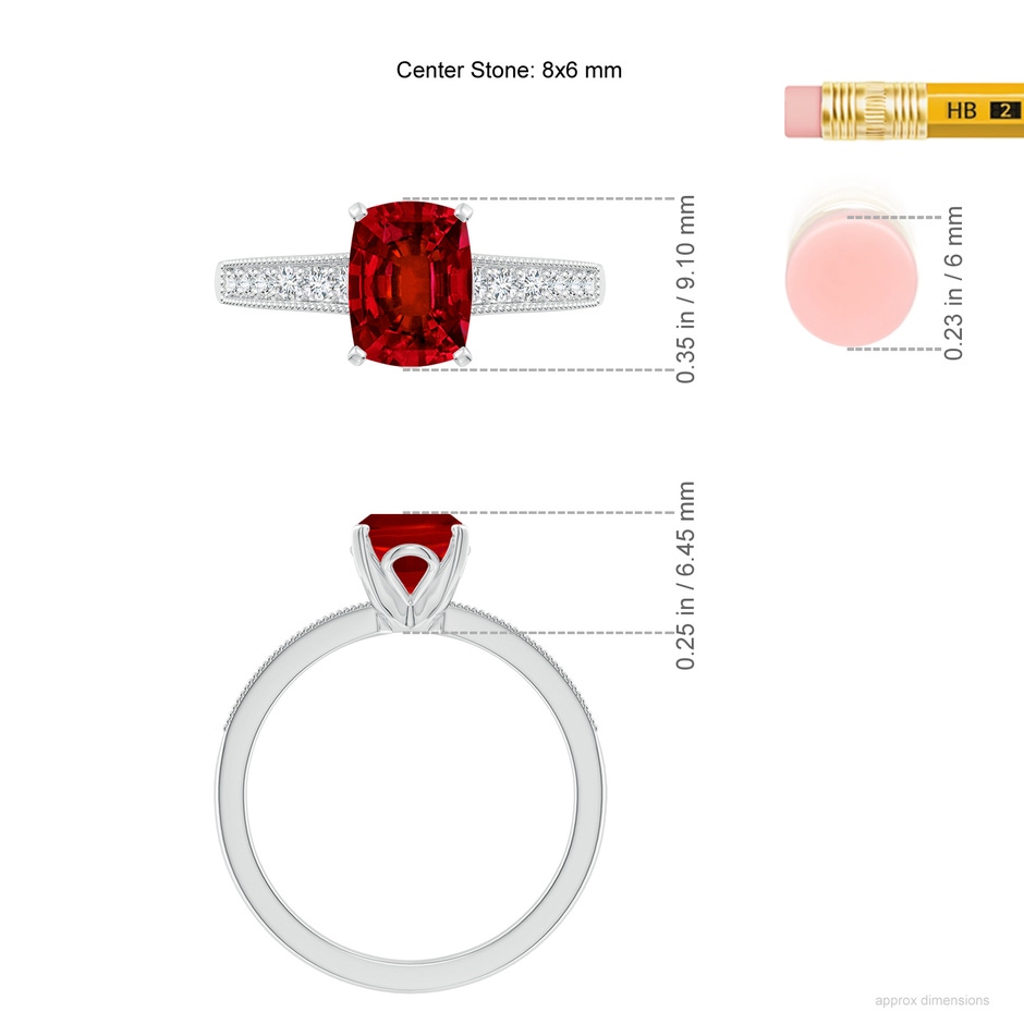 8x6mm Labgrown Lab-Grown Vintage Style Cushion Rectangular Ruby Engagement Ring with Accents in 18K White Gold ruler