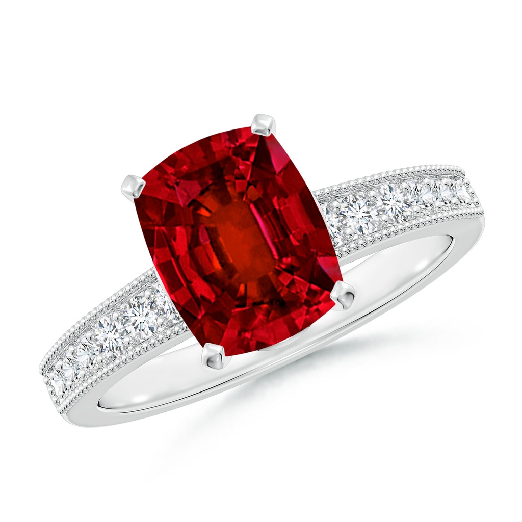 9x7mm Labgrown Lab-Grown Vintage Style Cushion Rectangular Ruby Engagement Ring with Accents in White Gold