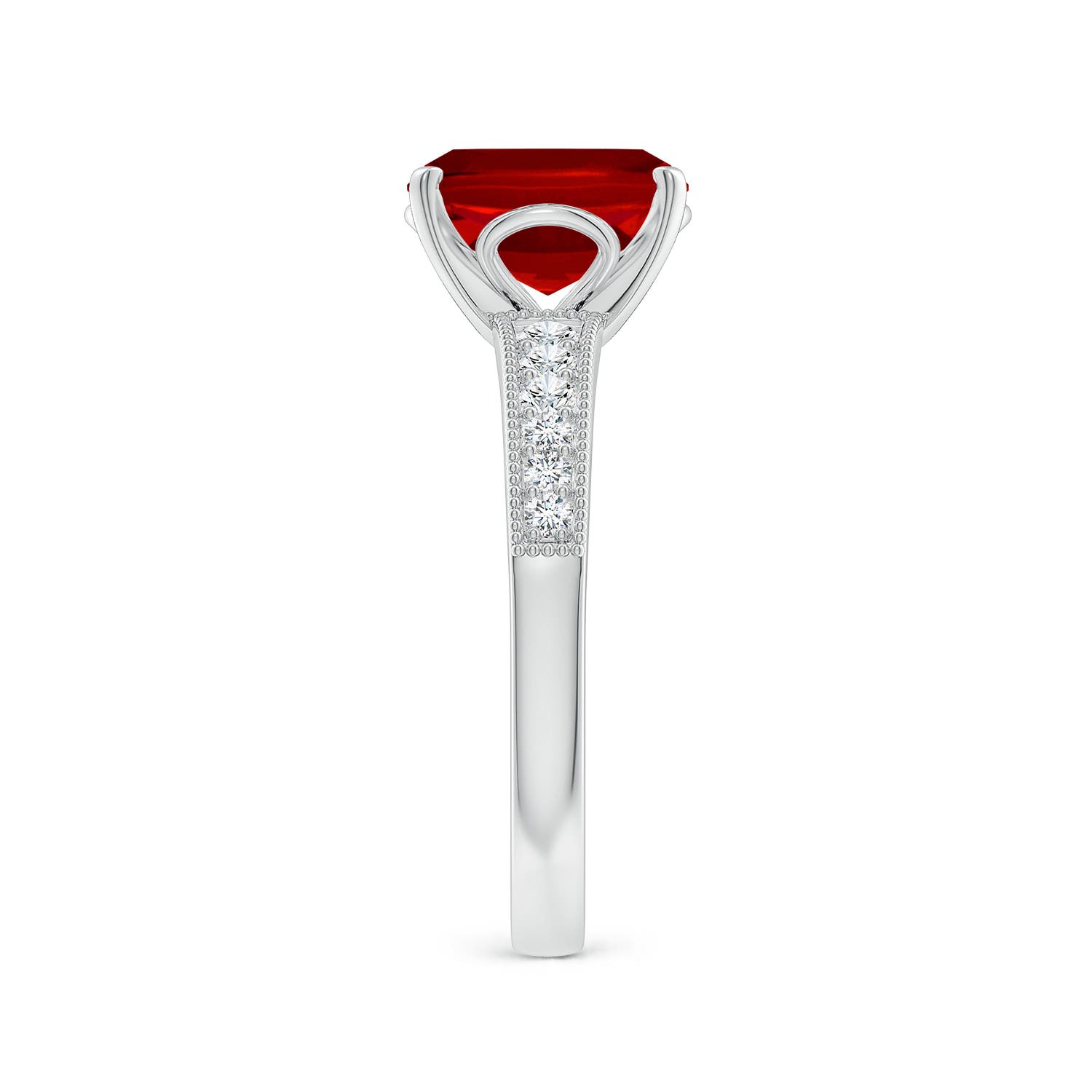 9x7mm Labgrown Lab-Grown Vintage Style Cushion Rectangular Ruby Engagement Ring with Accents in White Gold - side 3